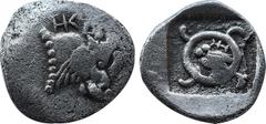 GREEK COINS Dynasts of Lycia, Kheriga of Antiphellos AR . Circa 440-430 BC. , wearing necklace / KHE-RIG-A-VE-HNT (Lycian), tetraskeles within which, owl standing left, all within incuse square. Mørkh