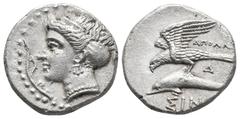 Greek Coins Greek PAPHLAGONIA, Sinope. Circa 330-300 BC. AR Drachm Apollo–, magistrate. Head of nymph left, with hair in sakkos; aphlaston before / Sea eagle on dolphin left; AΠΟΛΛ[Ω] below eagle’s wi