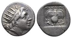 Greek Coins Greek ISLANDS OFF CARIA, Rhodos. Rhodes. Circa 88-84 BC.AR Drachm plinthophoric series, struck under the magistrate Nikephoros. Radiate head of Helios to right. Rev. P-O / NIKHΦOPOΣ Rose w
