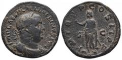 Roman Imperial Roman Imperial Balbinus Ae Sestertius. Rome, AD 238. IMP CAES D CAEL BALBINVS AVG, laureate, draped and cuirassed bust right / P M TR P COS II P P, emperor, togate, standing left, holdi