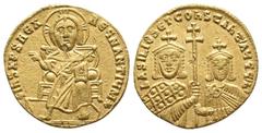 Byzantine Coins Byzantine Basil I 'the Macedonian' AV Solidus. Constantinople, AD 870-871. + IhS XPS RЄX RЄGNANTIЧM*, Christ, nimbate, seated facing, wearing chiton, raising hand in benediction and ho