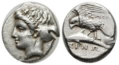 Greek Greek Coins Paphlagonia, Sinope AR Drachm. Theoti-, magistrate. Contemporary imitation(?), circa 330-300 BC. Head of Nymph to left, hair in sphendone, wearing triple-pendant earring and necklace