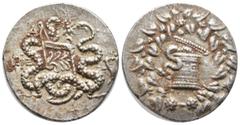 Greek Greek coins Ionia, Ephesus. Cistophoric tetradrachm circa 139-138, AR . Serpents emerging from cista mistica; all within wreath. Rev. Two serpents standing by bow case; above, bee and in r. fiel