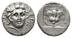 Greek Greek Coins ISLANDS off CARIA, Rhodos. Rhodes. Circa 125-88 BC. AR Drachm 'Plinthophoric' coinage. Melantas, magistrate. Radiate head of Helios right / Rose with bud to left; ΜΕΛΑΝΤΑ above, grap