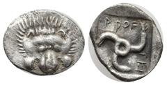 Greek Greek Coins DYNASTS of LYCIA. Aruwatijesi. Circa 400-370 BC. AR Sixth Stater . Zagaba mint(?). Facing lion scalp / Triskeles within incuse square. Weight: 1.6 Diameter 11.4
