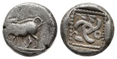 Greek Greek Coins DYNASTS of LYCIA. Uncertain dynast. Circa 500-470/60 BC. AR Stater Boar standing left / Triskeles within pelleted border within incuse square. Weight: 2.9 Diameter 12.5