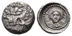 Greek Greek Coins DYNASTS of LYCIA. Vedrei. Circa 380-370 BC. AR 1/6 Stater ). Mint in Tlos region. Facing lion scalp / Facing draped bust of Apollo, wearing laurel wreath Weight: 1.1 Diameter 12.2