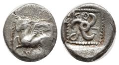 Greek Greek Coins Lycia, Uncertain Dynast AR Diobol = 1/6th Stater. Circa 460-440 BC. Forepart of Pegasos left / Triskeles within beaded border, all within incuse square. Weight: 1.4 Diameter 10.2