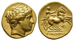 Greek Coins Greek Coins KINGS of MACEDON. Philip II. 359-336 BC. AV Stater Pella mint. Struck under Philip III and Kassander, circa 323-315 BC. Laureate head of Apollo right / Charioteer driving biga 