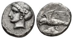 Greek Coins Greek Coins Paphlagonia, Sinope AR Aiginetic Drachm. Circa 410-350 BC. Head of nymph Sinope left, wearing earring and sakkos / Eagle flying to left clutching dolphin in talons. Weight: 5.5