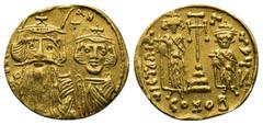 Byzantine Byzantine Constans II. AD 641-668. Byzantine Solidus AV dN CONSƮANVS, facing busts of Constans, on left with long beard, plumed helmet and chlamys, and Constantine IV, beardless, wearing cro