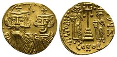 Byzantine Byzantine Constans II. AD 641-668. Byzantine Solidus AV dN CONSƮANVS, facing busts of Constans, on left with long beard, plumed helmet and chlamys, and Constantine IV, beardless, wearing cro