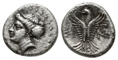 Greek Coins Greek Coins Paphlagonia, Sinope AR Aiginetic Hemidrachm. Circa 330-300. Head of nymph Sinope left, wearing triple-pendant earring, necklace and sakkos / Eagle flying upward, head left; ΣΙ-