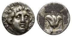 Greek Coins Greek Coins ISLANDS off CARIA, Rhodos. Rhodes. Circa 170-150 BC. AR Hemidrachm 'Plinthophoric' coinage. Athanodoros, magistrate. Radiate head of Helios facing slightly right / Rose with bu