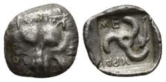 Greek Coins Greek Coins Dynasts of Lycia. . Mithrapata circa 390-370 BC. Diobol AR Lion scalp facing / Triskeles; dolphin below; all within incuse square. Weight: 1.40 Diameter: 13