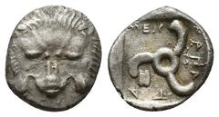Greek Coins Greek Coins DYNASTS of LYCIA. Mithrapata. Circa 390-370 BC. AR Diobol Facing lion’s scalp / Triskeles within incuse square. Weight: 1.41 Diameter: 12.8