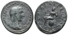 Roman Imperial Roman Imperial Gordian II Sestertius. Rome, April 238. IMP CAES M ANT GORDIANVS AFR AVG, laureate, draped and cuirassed bust of Gordian II to right / ROMAE AETERNAE, Roma seated left on