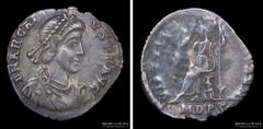 12/ Rome Imperial Arcadius (383-408AD). Light Siliqua, Milan mint, struck 395-423AD. Silver; 17.0mm; 0.93g. A: DN ARCADIVS PF AVG, pearl diademed, draped & cuirassed bust right. R: VIRTVS ROMANORVM, R