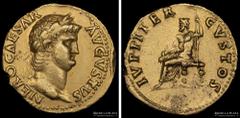 12/ Rome Imperial Nero (54-68AD) Aureus. Rome mint 64-65AD. Gold; 18.5mm; 7.30g. A: NERO CAESAR AVGVSTVS. laureate head to right. R: IVPPITER CVSTOS, Jupiter seated left on throne, holding thunderbolt