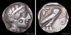 01/ Ancient - Grecia Atica, Atenas. Emisiones entre 440-404aC. AR Tetradracma. 24.0mm; 17.07g. A: Cabeza de Atenea a derecha, contramarca en forma de círculo. R: Lechuza parada a derecha, cabeza al fr