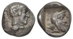GREECE. Dynasts of Lycia. Kherei, 430-410 BC. Hemidrachm, Tlos. Obv. Head of Athena right, wearing crested Attic helmet decorated with three olive leaves and palmette. Rev. 𐊜𐊁𐊕𐊚 - 𐊍𐊗 ('xerei - t