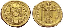 BYZANTINE EMPIRE BYZANTINE EMPIRE Maurice Tiberius, 582-602. AV Solidus 583, Constantinople, 7th officina . Obv. DN MAVRC TIb PP AVG, helmeted and cuirassed facing bust, holding globus cruciger / Rev.