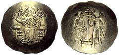 BYZANTINE EMPIRE BYZANTINE EMPIRE Electrum Aspron Trachy, Constantinople . Obv. IC-XC, Christ enthroned facing / Rev. John and St. George standing facing, supporting patriarchal cross between them. S.