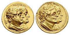 GREECE. Egypt The ptolemy Kings of Egypt, Ptolemy II Philadelphos, 285-246 BC. Gold Octadrachm, 265-246 BC, Alexandria. Obv: Draped and diademed busts of Ptolemy II and Arsinoe II veiled at right, beh