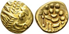 CELTIC. Britain. Durotriges. Gold stater, ca. 60-20 BC. Obv. Stylized Apollo head. Rev. Disjointed horse, rosette below. Spink 26; M. 47; V. 1458; BMC 137-44. Gold. 5.98 g. AU Rare variant struck in y