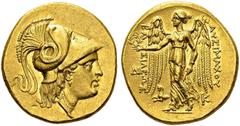 GREECE. Kingdom of Thrace. Lysimachus, 323-281 BC. Gold stater in the name of Lysimachus and type of Alexander III, 299/8-297/6 BC, Colophon. Obv. Head of Athena right wearing crested Corinthian helme