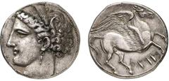 Zeugitania. Carthage. 5 shekels, ca. 260 BC, uncertain mint in Sicily. Obv. Head of Tanit-Persephone left, wearing barley wreath and earring. Rev. Pegasus flying right; below, «b'rst» (in the Land) in
