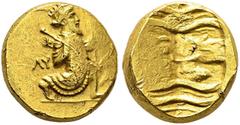 PERSIA. Achaemenid Empire. Double daric, 322-315 BC, Babylon. Obv. The king advancing right, holding bow and spear. ΛΥ in left field. Rev. Striated oblong incuse. BMC 2; SNG Cop. 259. Gold. 16.68 g. V