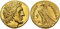 GREECE. Ptolemaic Kingdom. Ptolemy II, 285-246. Gold pentadrachm, ca. 285-272 BC, Alexandria. Obv. Diademed head of Ptolemy I right, aegis around neck. Rev. ΠΤΟΛΕΜΑΙΟΥ - ΒΑΣΙΛΕΩΣ. Eagle standing left 