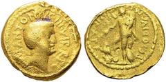 ROMAN REPUBLIC. Marcus Antonius triumvir, 43-33 BC. Aureus, 42 BC, Roma. With P. Clodius moneyer. Obv. M ANTONIVS III VIR R P C. Bare head right. Rev. P CLODIVS M F IIII VIR A P F. Radiate genius stan