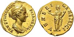 ROMAN EMPIRE. Faustina II, 161-175. Aureus, Roma. Obv. FAVSTINAE AVG P II AVG FIL. Diademed and veiled bust right. Rev. VENERI GENETRICI. Venus standing right, holding an apple and cradling swaddled i