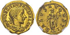 ROMAN EMPIRE. Gordianus III, 238-244. Aureus, 240, Roma. Obv. IMP GORDIANVS PIVS FEL AVG. Laureate, draped and cuirassed bust right. SALVS AVGVSTI. Salus standing right, holding patera and feeding ser