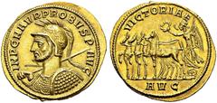 ROMAN EMPIRE. Probus, 276-282. Aureus, 280, Serdica. Obv. IMP C M AVR PROBVS P AVG. Helmeted and cuirassed bust left, holding spear in right hand and shield over left shoulder. Rev. VICTORIAE. In exer