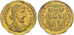 ROMAN EMPIRE. Eugenius, 392-394. Solidus, 392-394, Lugdunum. Obv. D N EVGENI-VS P F AVG. Pearl-diademed, draped and cuirassed bust right. Rev. VICTOR-IA AVGG. In field: L - D. In exergue, COM. Two emp