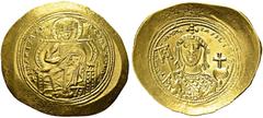 BYZANTINE EMPIRE. Michael VII, 1071-1078. Gold histamenon, Constantinopolis. Obv. IC-XC. Christ, nimbate, seated facing on lyre-backed throne. Rev. + MIX-AHΛ-RACIΛOΔ. Bust of Constantine IX facing, we
