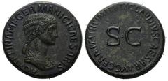 ROMAN EMPIRE. Agrippina the elder, wife of Germanicus, Claudius I, 41-54. Sestertius 50-54, Rome. Obv. AGRIPPINA M F GERMANICI CAESARIS. Bust right. TI CLAVDIVS CAESAR AVG GERM P M TR P IMP P P / SC. 