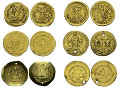 BYZANTINE EMPIRE. Lot of 6 coins: ARCADIUS, Tremissis (RIC 34); ZENO, Solidus (RIC 910); JUSTINIAN, Solidus (DOC 9d); BASIL II, Solidus (DOC 2c); ROMANUS IV, Histamenon (DOC 2). Is joined an ottoman 1