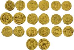 BYZANTINE EMPIRE. Lot of 10 coins: ANASTASIUS, Tremissis. JUSTIN I, Tremissis. JUSTINIAN I, Tremissis, Semissis. MAURICE TIBERIUS, Tremissis. PHOCAS, Tremissis (2 ex.). HERACLIUS, Tremissis. CONSTANTI