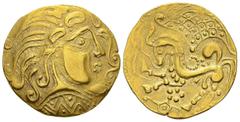 CELTIC. Gaul. Parisii. Gold Stater class V, Ist century BC. Obv. Stylized head of Appolo right. Rev. Sylized horse with his neck ornated with a line of pearls. D.T. 79; BN 7782; C.d.B. Parisi 40; Main