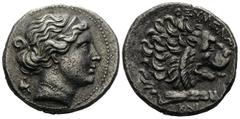 GREECE. Caria. Knidos. Tetradrachm 350-320 BC, magistrate Theumelon. Obv. Head of Aphrodite right, phrygian helmet behind. Rev. ΘΕΥΜΕΛΩ[Ν] / KNI. Forepart of lion right. Ashton 13. AR. 13.96 g. VF-XF 
