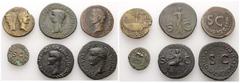 ROMAN EMPIRE. Lot of 6 coins: Augustus, 27 BC - 14 AD. As M. Salvius Otho (RIC 432), Dupondius Nemausus (RIC 158); Tiberius, 14-37. As SC (RIC 44); Caligula, 37-41. As Vesta (RIC 389); Claudius I, 41-