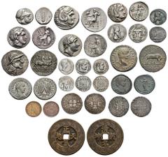 A collection of 86 coins, mostly from the ancient times: CELTIC. (1 coin) : Senones. Potin. GREECE. (14 coins) : SICILY. Akragas, Bronze; Metapontium, Stater. MACEDON. Philipp II, Bronze; Alexander II