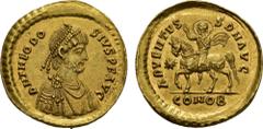 ROMAN EMPIRE. Theodosius II, 408-450. Multiple or medaillion of 1½ Solidi 437, Constantinople. Obv. DN THEODO-SIVS PF AVG. Bust bearded, diademed and drapped right. Rev. ADVENTVS-S DN AVG; on the exer