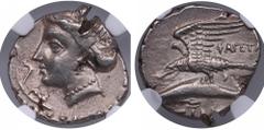 Ancient coins Paphlagonia, Sinope AR Drachm late 4th Century BC - NGC Ch XF Strike 4/5. Surface 2/5. Beautiful lustrous specimen. obv. Nymph Sinope + aplustre/ rev. Sea-eagle on dolphin. HGC 7, 399; S