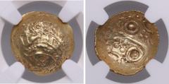 Celtic World Celtic Britain, Corieltavi AV Quarter-Stater c. 60-20 BC - NGC AU Strike: 4/5, Surface 3/5. Lindsey Scyphate type. Obv: Boar./ Rev: Large S. Scratches. Splendid lustrous exemplar. Hobbs 3