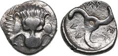 Ancient coins Dynasts of Lycia (Limyra?) AR 1/3 Stater ND – Perikles (c. 380-360 BC) 2.70g. 16mm. UNC/AU.Obv.: Facing lion's scalp. Rev.: Triskeles; dynast's name (in Lycian) around. SNG von Aulock 42